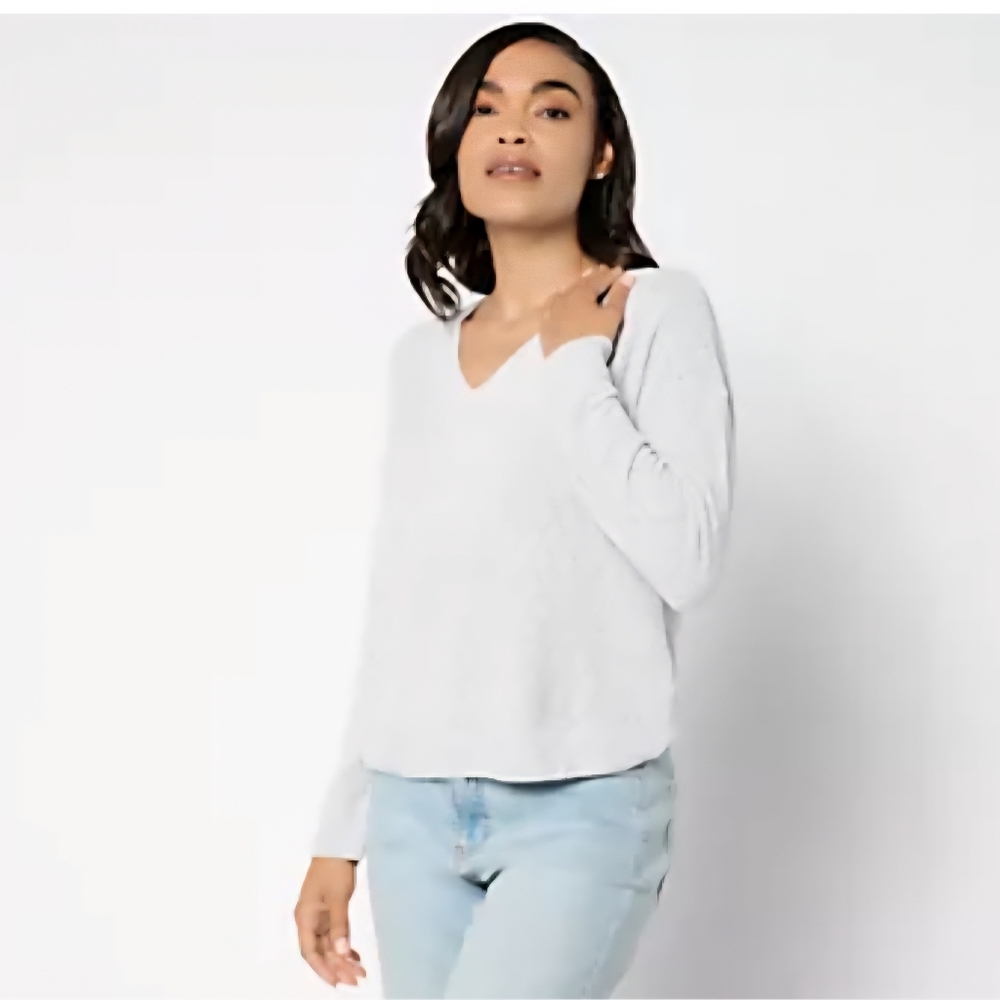 Barefoot Dreams Cozy Chic Diamond Pointelle V Neck Grey Pullover Sz Large